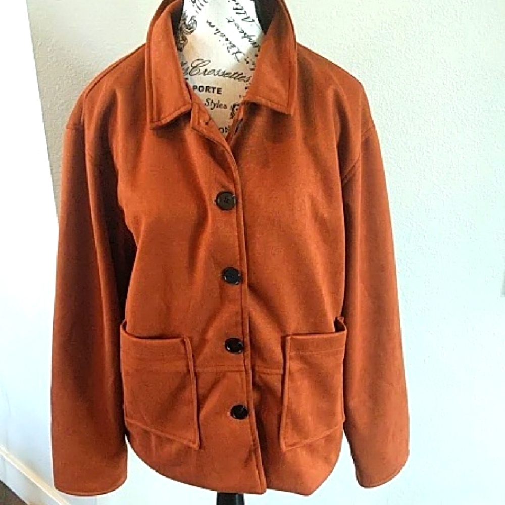 Women's Brown Jacket Faux Suede Button Up Medium Pockets